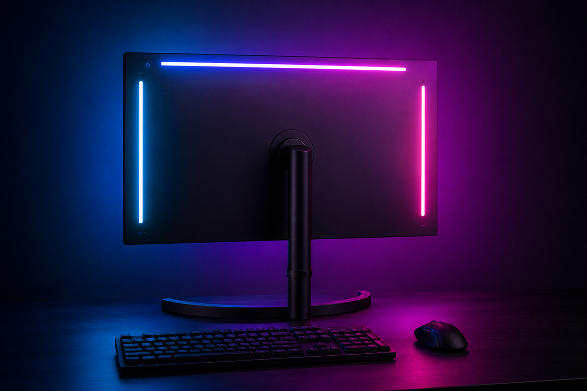 Front view of a monitor on a dark desk, with pink, purple and blue light running along the top and side edges of the panel and washing onto the wall behind it.