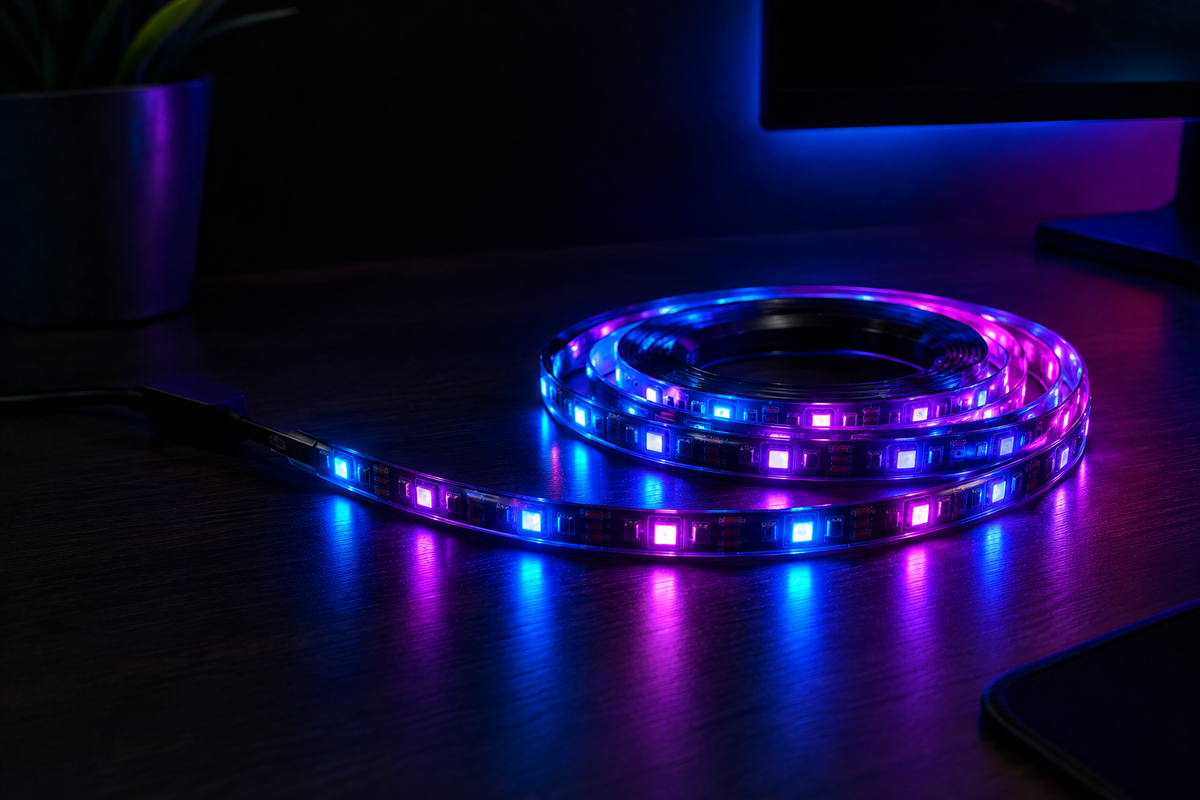 The STACK monitor backlight coiled on a dark desk, lit in blue, purple and pink, with its individual addressable LEDs visible along the silicone housing and the USB lead running off to one side.